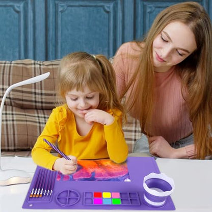 DIYDEC Silicone Art Mat 20x16 Inch - Large Silicone Painting Mat with Detachable Cup, 10 Painting Brushes, 5 Sponge Brushes - Kids & Adult DIY Accessories (Purple) - color: Purple
