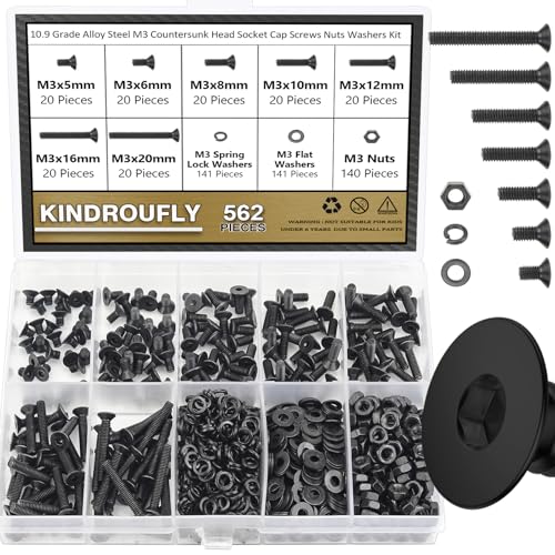 562 Pieces Black M3 x 5/6 /8/10 /12/16 /20mm Countersunk Head Socket Cap Screws Nuts Washers Assortment Kit, 10.9 Grade Alloy Steel - size: M3, style: Countersunk Head