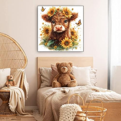 Diamond Art Kits for Adults, Highland Cow Sunflower Diamond Painting Kit - color: Cow Flowers