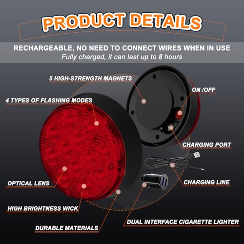 2PCS Magnetic Red Beacon Strobe Lights for Trucks Vehicles Trailer - color: Red-Round Shape