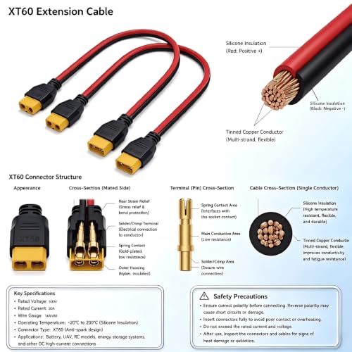 2-Pack 14AWG XT60 Extension Cable, 11.8 Inch Flexible Silicone Wire