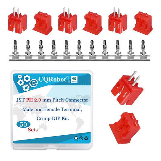 CQRobot JST Red PH 2.0 mm Pitch 2-Pin Electronic Computer Connector IC Male Plugs, Female Sockets Housing and T-Shaped Crimp Terminal Kit. 50 Sets/200 Pieces Wire-to-Board Adapter Cable Assembly. - size: 2P, style: Red