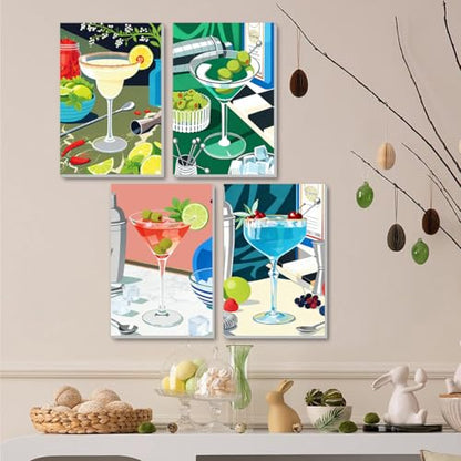 ICYANART 4 Pack Cocktail Paint by Numbers Kit for Adults with Frame Easy - color: Cocktail