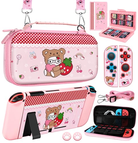 Gurgitat 8in1 Kits Accessories Bundle for Nintendo Switch 2017 - Cute Carrying Case, Protective Cover, Joy Con Grips, Thumb Grips, 24 Game Holder, Shoulder Strap Teens Boys Girls, Strawberry - color: Strawberry, size: for Nintendo Switch 2017