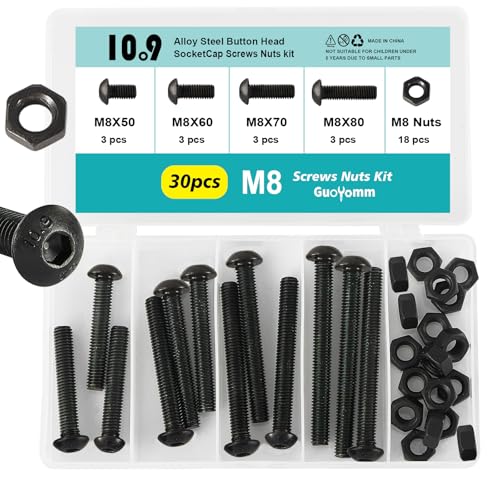 30PCS M8 x 50mm 60mm 70mm 80mm, Button Head Socket Cap Screws Bolts Nuts Kit, 10.9 Grade Alloy Steel, Black Oxide Finish, Metric Allen Hex Drive, Fully Threaded - size: Button M8x50/60/70/80mm