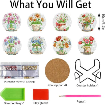 8 PCS Diamond Art Coasters Kit for Adults, Flower Diamond Painting Coasters - color: Flower-4