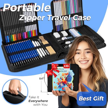 133 Pack Drawing Set Sketching Kit, Pro Art Supplies Sketch Pencils Set - color: Black, size: 133 Pack