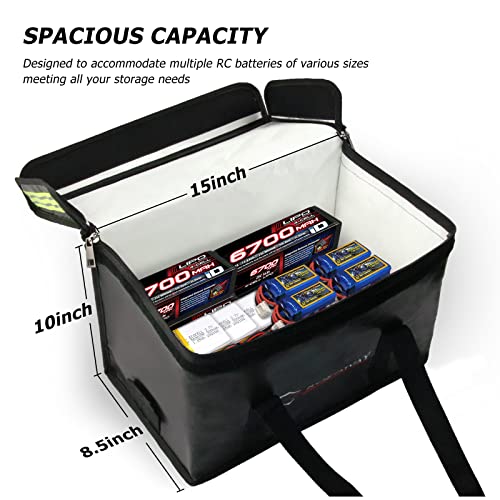 ROLOWAY Lipo Battery Bag (15 x 8.5 x 10 inch), Large Fireproof Lipo Ebike Bag with Comfortable Handle, Reflective Strip