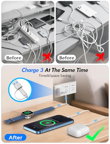 1Pack Travel Essentials for Apple Watch Charger,3-in-2 Multi Charging Cable - color: White, size: 1Pack-5 FT