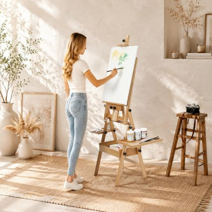 MEEDEN Painting Easel with Storage and Tray: H-Frame Beech Wood Art Easel - color: Natural