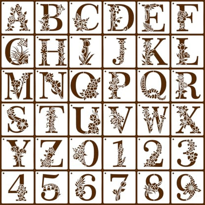 36 Floral Letter Stencils for Monograms, Wedding Signs, Names, Date Cards - color: Letters