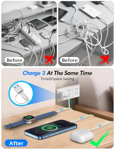 2Pack Travel Essentials for Apple Watch Charger,3-in-2 Multi Charging Cable - color: Green, size: 2Pack-4FT