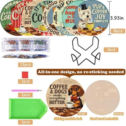 8 Pack Diamond Art Coasters, Coffee Dog Diamond Painting Coasters - color: Coffee Dog Coasters-a