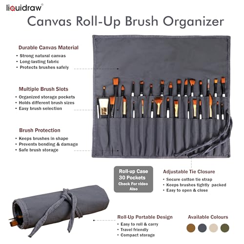 Liquidraw 30 Pocket Roll-Up Canvas Paint Brush Holder, 21 x 18in (Grey) - color: Grey