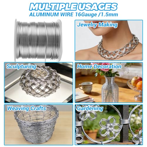 JMIATRY 196FT 16 Gauge Aluminum Wire for Crafts, Silver Armature Wire Roll