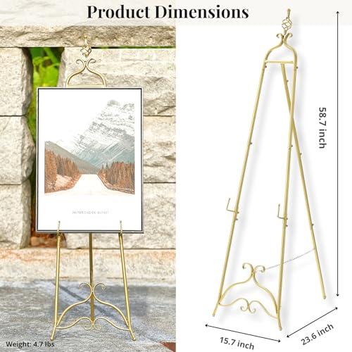 Gold Easel Stand for Sign 58.5” H Metal Large Adjustable - color: Openwork Orb Top