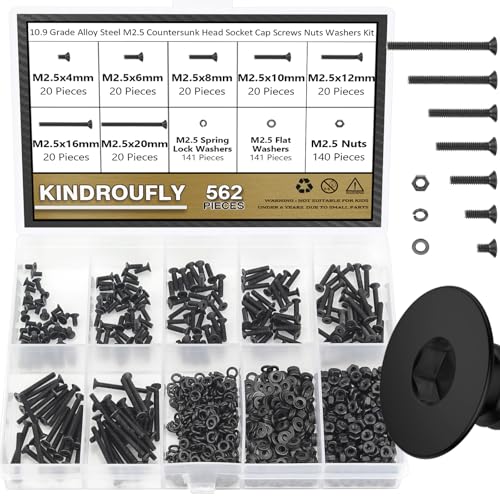 562 Pieces Black M2.5 x 4/6 /8/10 /12/16 /20mm Countersunk Head Socket Cap Screws Nuts Washers Assortment Kit, 10.9 Grade Alloy Steel - size: M2.5, style: Countersunk Head