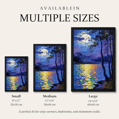 Seaofcity Moonlit Lake Landscape Wall Art, Framed Wall Art for Living Room, Night Blue Scene with Moon Reflection and Distant Cabin, Oil Painting on Canvas, Black Wood Frame, 16" W x 24" L - color: Moonlit Water Lilies, size: 24"l X 16"w