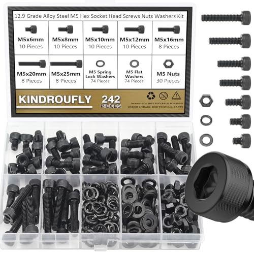 242 Pieces Black M5 x 6/8 /10/12 /16/20 /25mm Hex Socket Head Cap Screws Nuts Washers Assortment Kit, 12.9 Grade Alloy Steel - size: M5, style: Socket Head