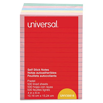 Universal 35616 Self-Stick Note Pads, 4 x 6, Lined, Assorted Pastel Colors, 100-Sheet (Pack of 5)