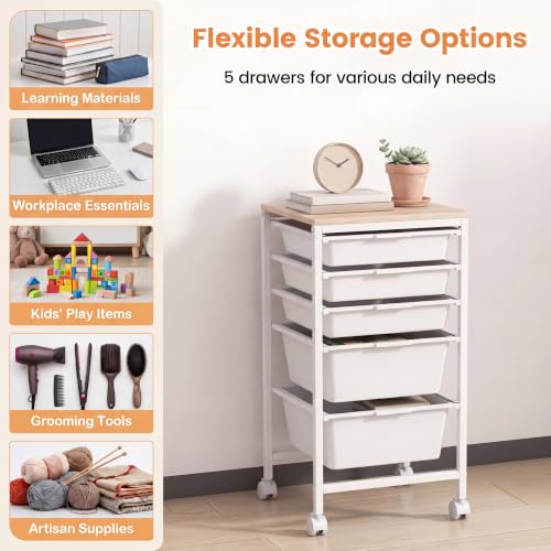 RELAX4LIFE 5-Drawer Rolling Storage Cart w/Lockable Wheels(White) - color: White, size: 25”H