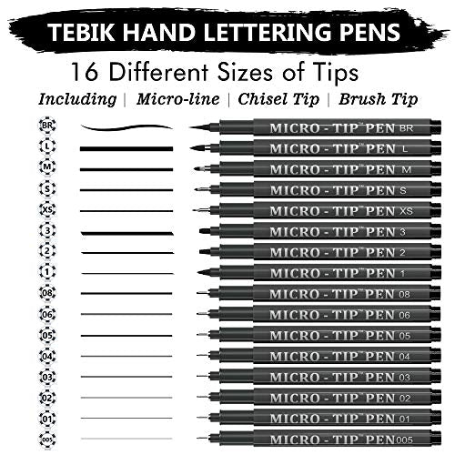 Tebik 16 Pack Calligraphy Pens, Hand Lettering Pens, Brush Markers Black Ink for Beginners Writing, Lettering, Journaling, Art Drawing, Signature, Illustrations and Office School Supplies