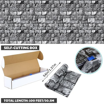 Oudain 54 Inch x 100 ft Stone Wall Tablecloth Roll with Cutter Box - style: Brick Stone