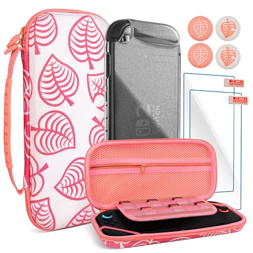 TIKOdirect Carrying Case for Switch 2, Shockproof Portable Travel Bag with Glitter Galaxy case, Screen Protectors and Cute Leaf Thumb Grips Caps, Pink Kit - color: Pink Kit