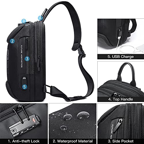 BANGE Men's Sling Backpack - Waterproof Crossbody Bag, Multi-Purpose Shoulder Bag - color: Black