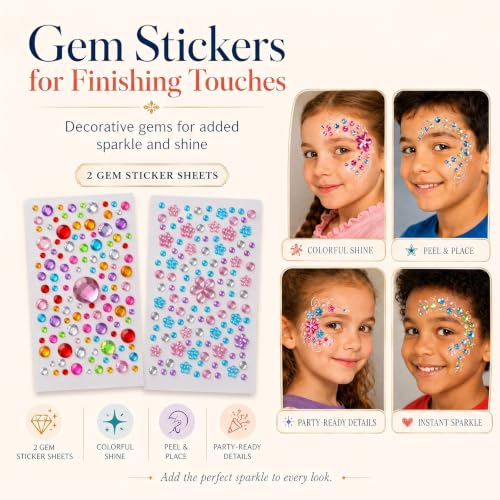 Face Painting Tool Set, 6 Type of Brushes, Stencils, Gems Included