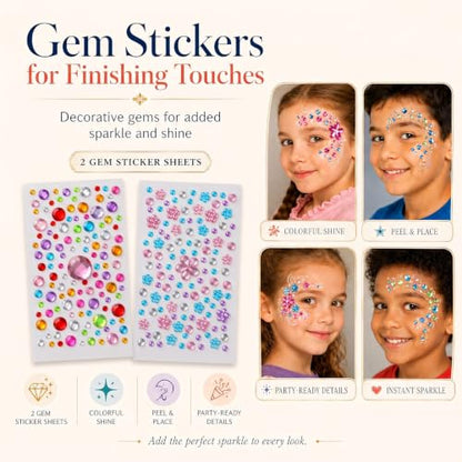 Face Painting Tool Set, 6 Type of Brushes, Stencils, Gems Included