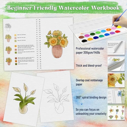 Beginners Watercolor Workbook for Adults, Step-by-Step Coloring Book Set - style: Bouquet