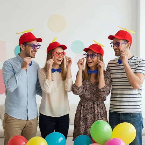 Sintege Propeller Hat Nerd Silly Twirly Cap Helicopter Cap with Spinner and Adjustable Bowtie for Costumes - color: Red and Blue