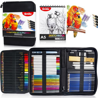 Smilo 76-Piece Art Supplies Sketching Kit with Sketchbook and Travel Case