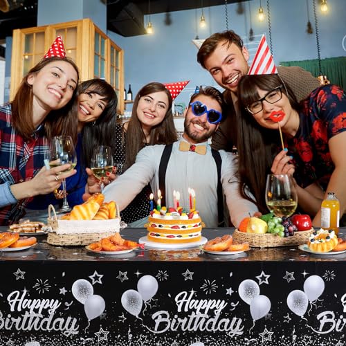 Breling 3 Pack Happy Birthday Tablecloths Decoration, Black Silver - color: Black Silver