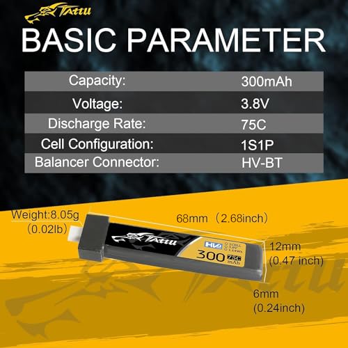 TATTU 300mAh 3.8V High Voltage 75C 1S1P Lipo Battery Pack with BT 2.0 Plug (5pcs)