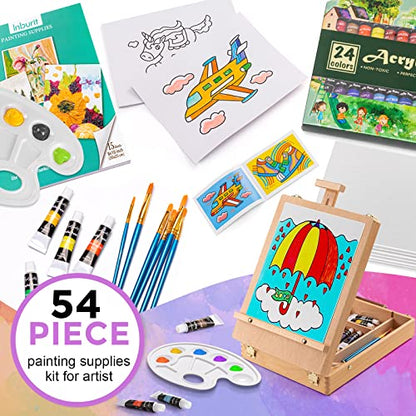 Inburit Art Acrylic Paint Set with Wooden Easel Box for Kids & Adults - color: 54PCS+24Colors/12ml