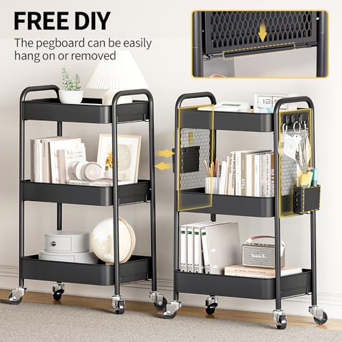 TOOLF 3 Tier Rolling Cart, Metal Utility Storage Cart with Pegboard, Black - color: Black, size: 3-Tier