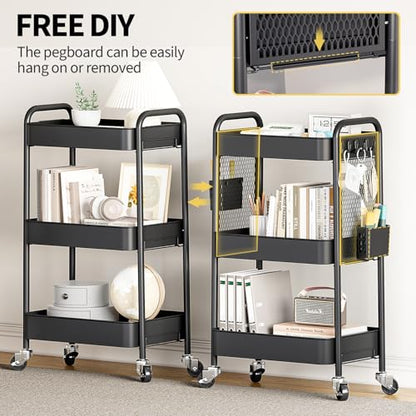 TOOLF 3 Tier Rolling Cart, Metal Utility Storage Cart with Pegboard, Black - color: Black, size: 3-Tier