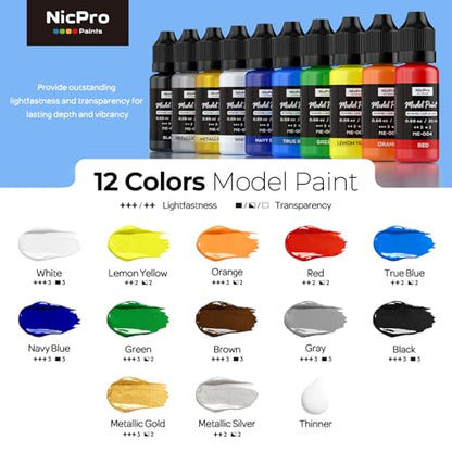 Nicpro 12 Colors Model Paint Set, Enamel-Like Gloss Finish, Ready to Use - color: 12 Colors