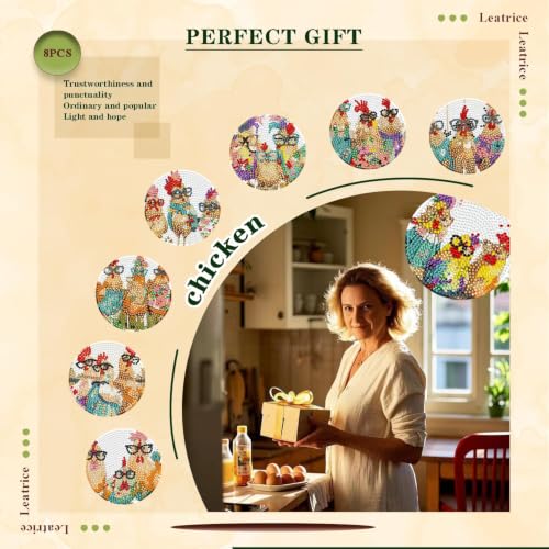 Leatrice 8 Pcs Diamond Art Coasters Small Diamond Painting Kits for Adults - color: AA Chicken