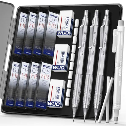 WUO 0.5mm Mechanical Pencil Set, 3 Pack Sliver Metal Drafting Pencils - color: Silver, size: 0.5