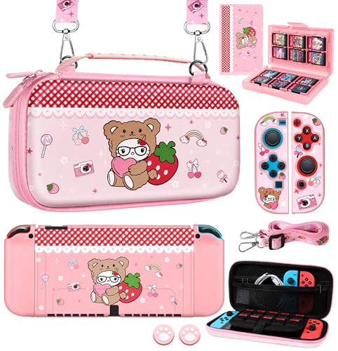 Gurgitat 8in1 Kits Accessories Bundle for Nintendo Switch OLED 2021 - Cute Carrying Case, Protective Cover, Joy Con Grips, Thumb Grips, 24 Game Holder, Shoulder Strap Teens Boys Girls, Strawberry - color: Strawberry, size: for Nintendo Switch OLED 2021