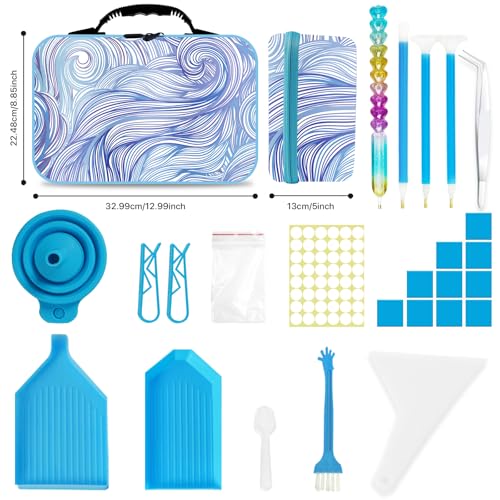 Tavolozza Fine Arts Diamond Painting Storage Containers, 120 Slots Diamond Painting Accessories and Tools with Jars for Beads, Portable Diamond Art Organizer Case, Diamond Art Kit Storage Box, Blue - style: Waves 120