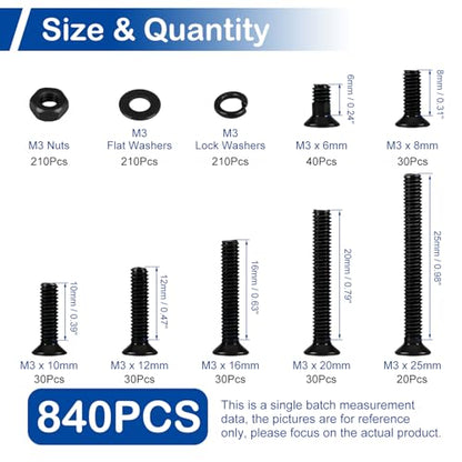 840Pcs M3 Countersunk Screws Assortment Kit with Nuts and Washers (6-25mm) - size: M3 x 6-25mm Kit