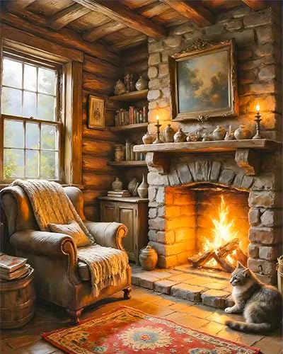 Paint by Numbers Kit for Adults, Cozy Fireplace & Rustic Cabin, 16x20 Inch - color: HMOP251002