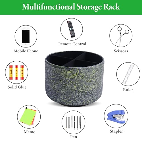 lizimandu Round Leather Art Supply Organizer,Remote Control Holder,360 Degree Spinning,Multi-Functional Pencil Holder,4 Compartments Desktop Stationary Organizer(1-Carved Metal Green2) - color: 1-Carved Metal Green2