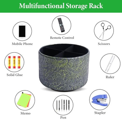 lizimandu Round Leather Art Supply Organizer,Remote Control Holder,360 Degree Spinning,Multi-Functional Pencil Holder,4 Compartments Desktop Stationary Organizer(1-Carved Metal Green2) - color: 1-Carved Metal Green2