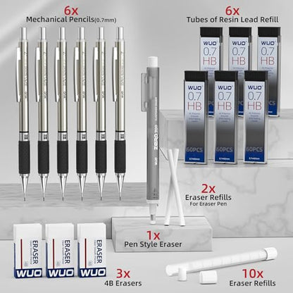 WUO 0.7 mm Mechanical Pencil Set with Eraser Pen Storage Case, 6 PCS - color: Black 5 - 0.7mm (6 Pack)