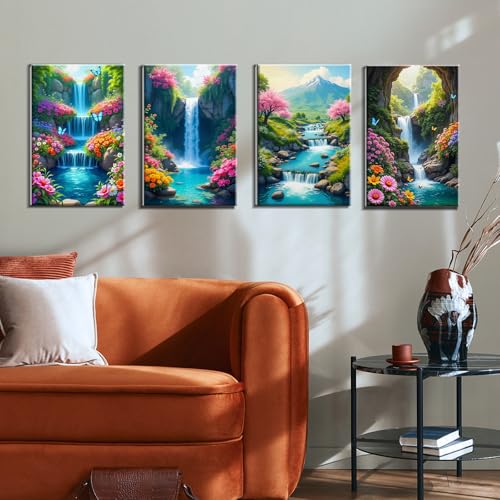 JOOZ 4 Pack Paint by Numbers Kit for Adults Framed, Waterfall, 8x12 Inch - color: Waterfall Landscape 030
